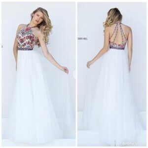 Sherri Hill Dress Womens 2 Prom Halter Open Back Embroidered Bodice Tulle 50343